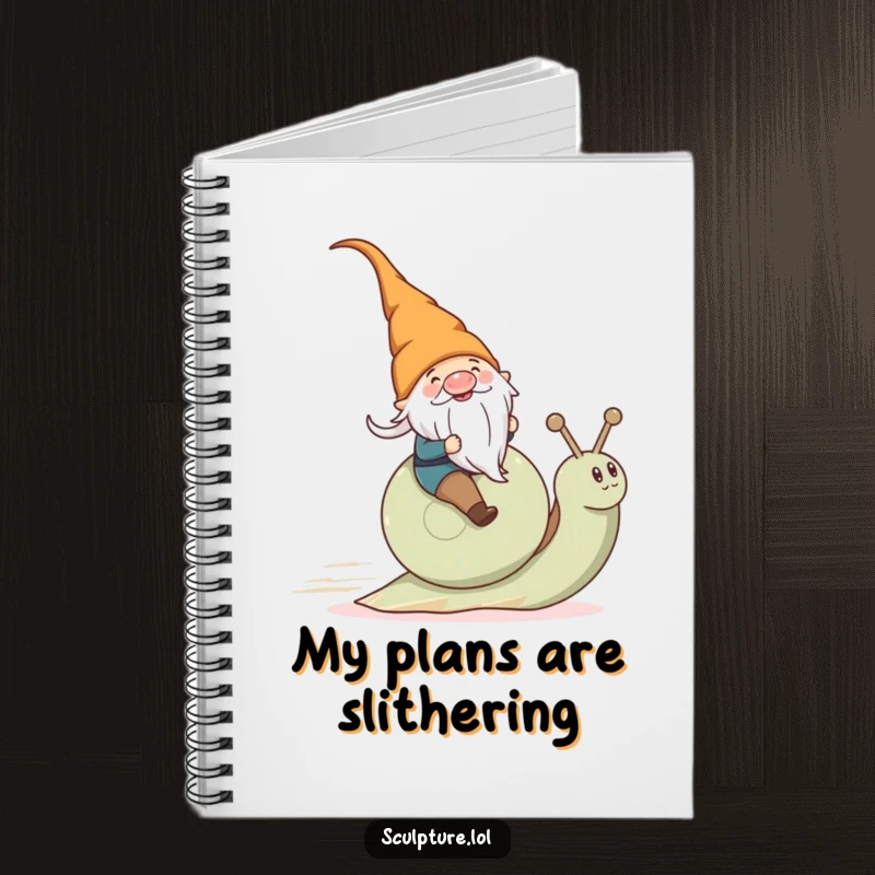 Funny gnome on a snail on a notebook cover, designed for writing and drawing.