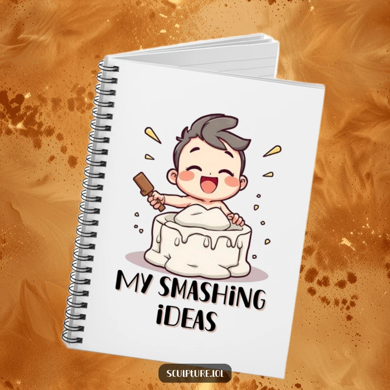 Funny notebook featuring a joyful character smashing a plaster mold, ideal for documenting thoughts and plans with an energetic and humorous vibe.