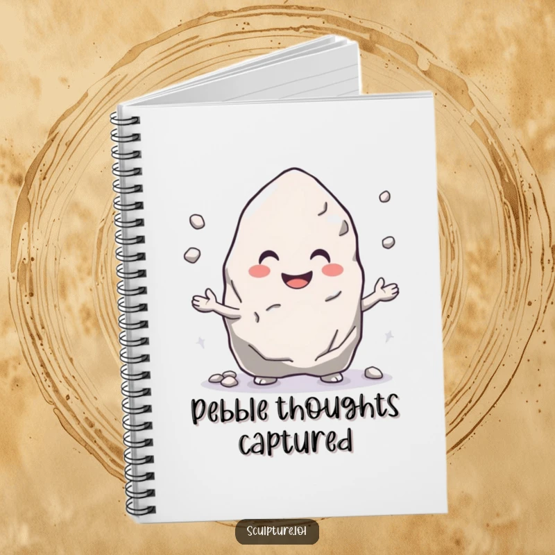 Funny notebook with a smiling rock juggling pebbles, perfect for jotting down cheerful and steady ideas.