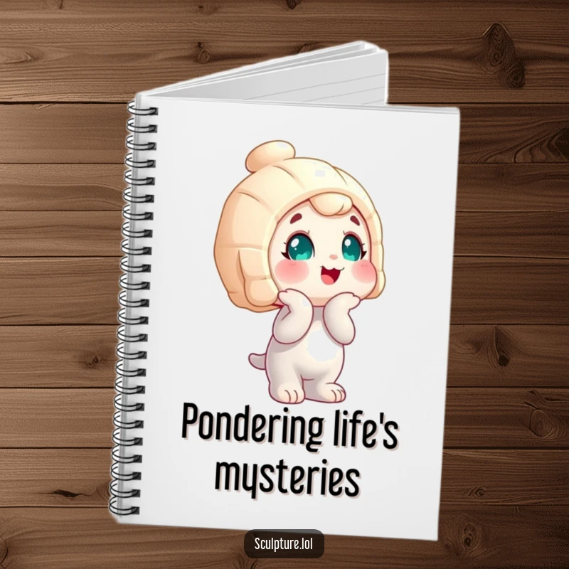 Funny wobbly statue character notebook, head tilted curiously, ideal for journaling and note-taking with a humorous touch.