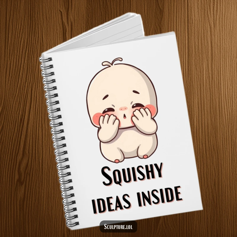 Funny chubby clay notebook featuring a cute character joyfully smushing its face with hands, perfect for jotting down delightful ideas.