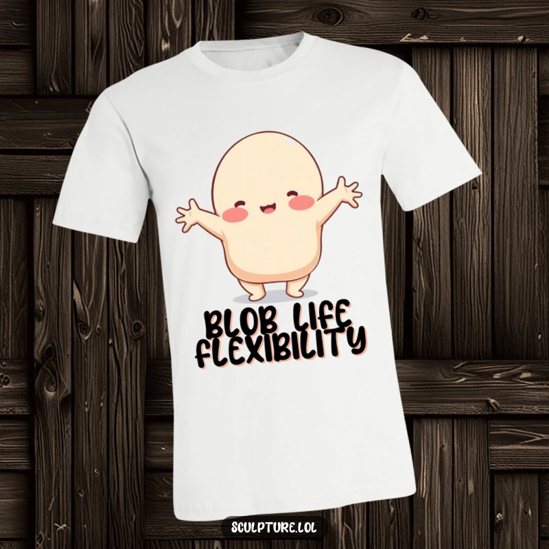 Funny t-shirt featuring a playful clay blob character contorted into a silly, stretched shape, embodying elasticity.