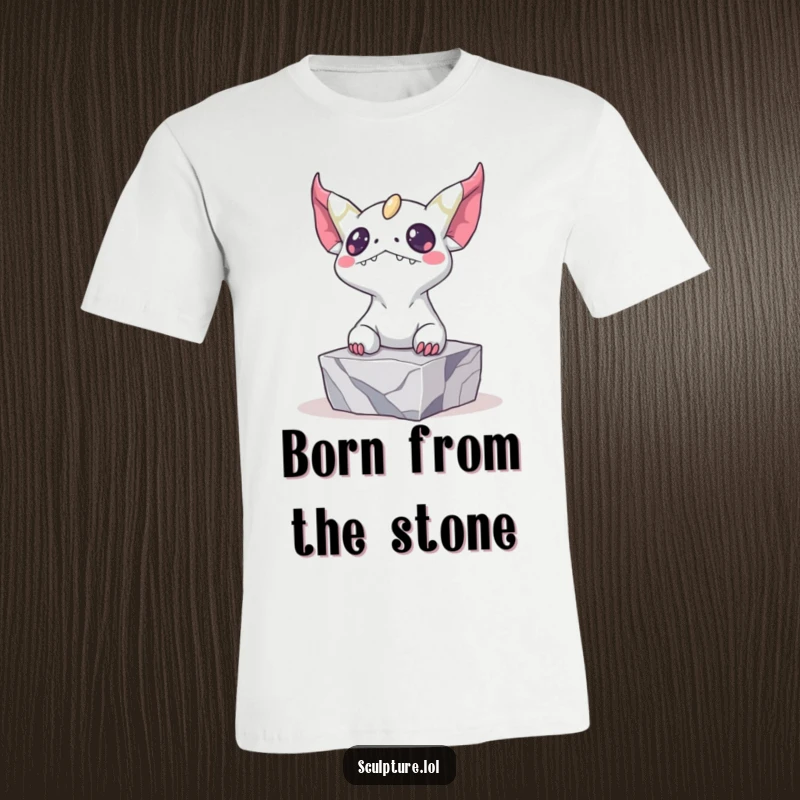 Funny t-shirt showing a bizarre creature breaking free from marble, a humorous and artistic design for those who embrace the unconventional.