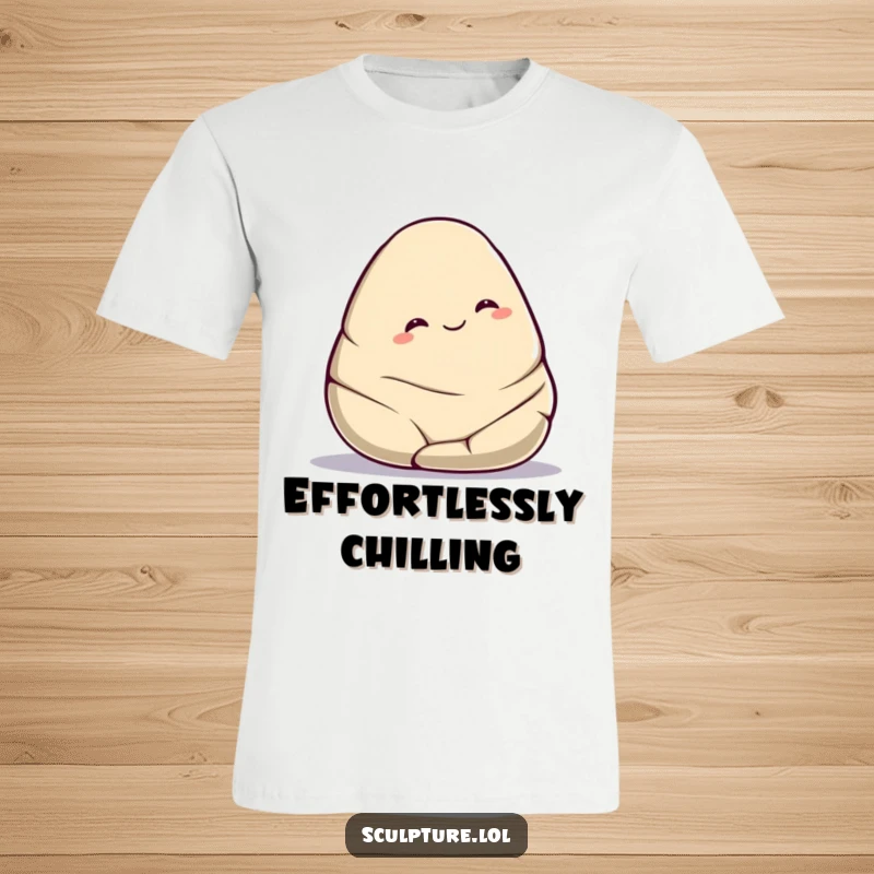 Funny smooth stone t-shirt depicting a cute character rolling downhill with a contented smile, illustrating a humorous, relaxed journey.