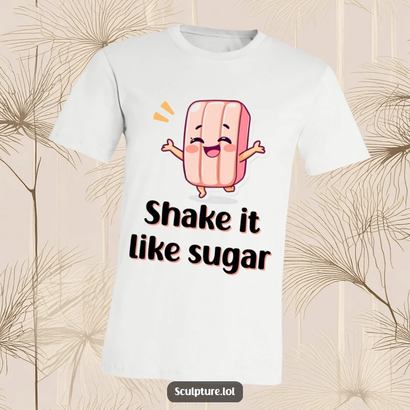 Funny candy bar t-shirt showing a giggling candy bar character performing a vibrant and comical shimmy dance with enthusiasm.