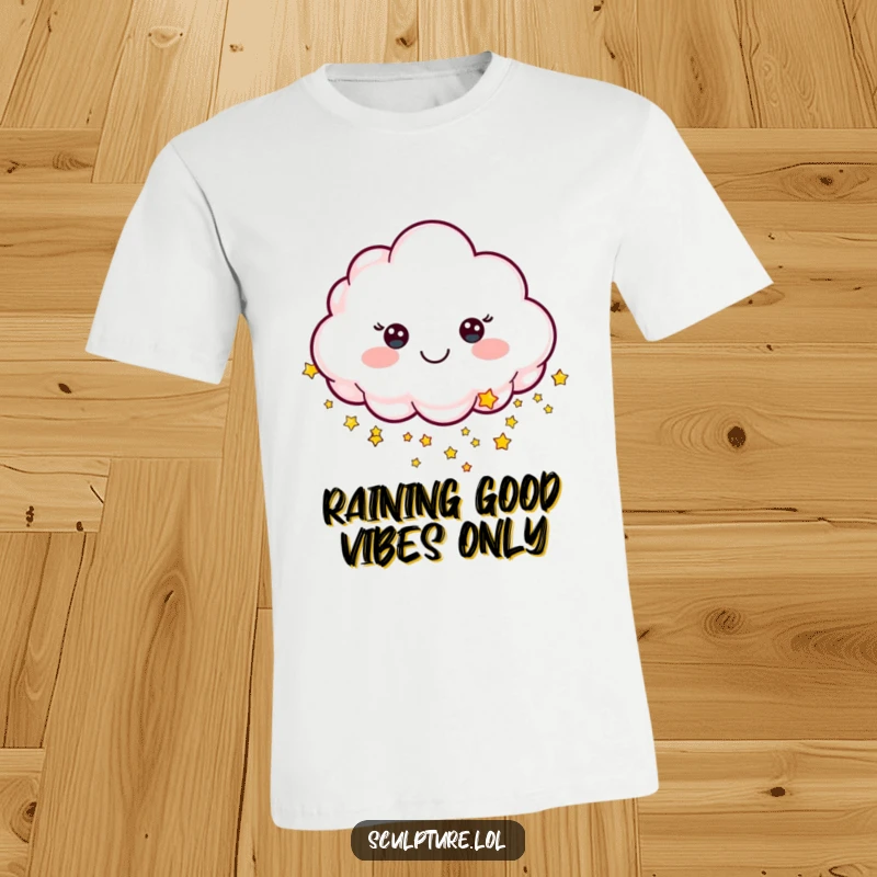 Funny t-shirt with a cheerful cloud character showering tiny stars, representing dreams and good fortune.