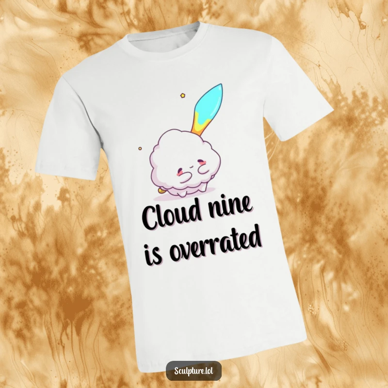 Funny t-shirt depicting a fluffy cloud character with open arms, trying to embrace a flying meteor, conveying longing and humor.