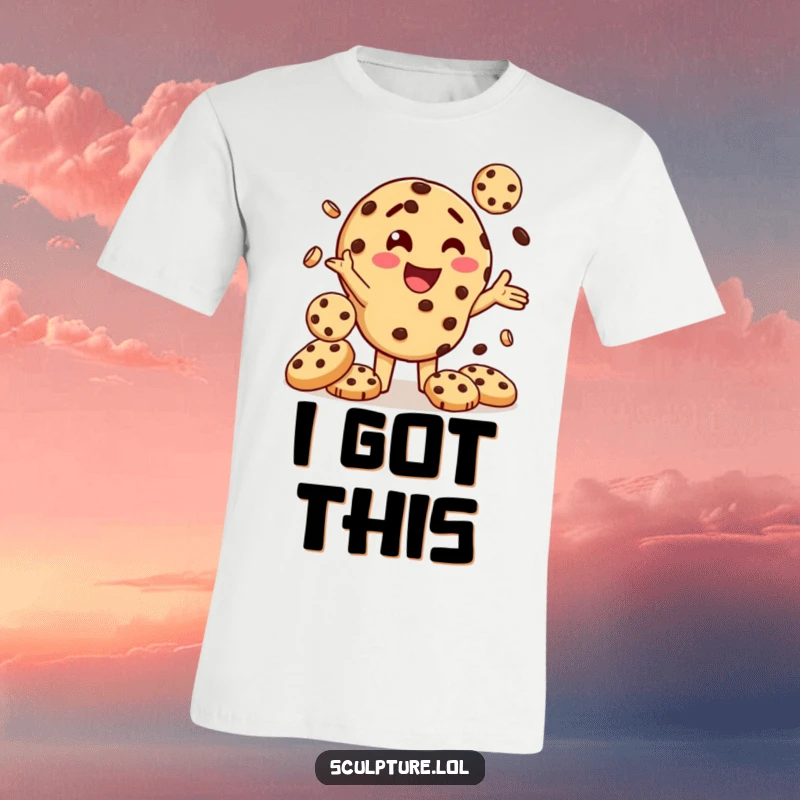Funny t-shirt depicting a delighted chocolate chip cookie character masterfully juggling several smaller cookies, showcasing playful baking skills.