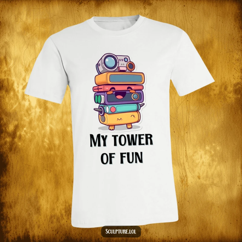 Funny t-shirt with a giggling found object character stacked in a comical, amusing way, radiating happiness.