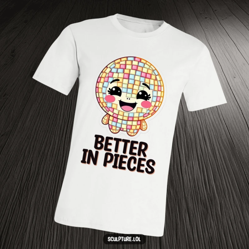 Funny t-shirt with a grinning mosaic character made of sparkling, happy tiles, celebrating individuality.