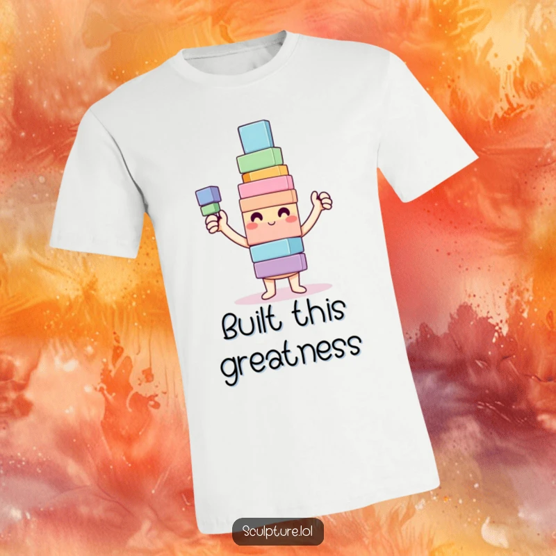 Funny T-Shirt showing a happy character proudly displaying a colorful and wobbly tower made of building blocks, full of joy.