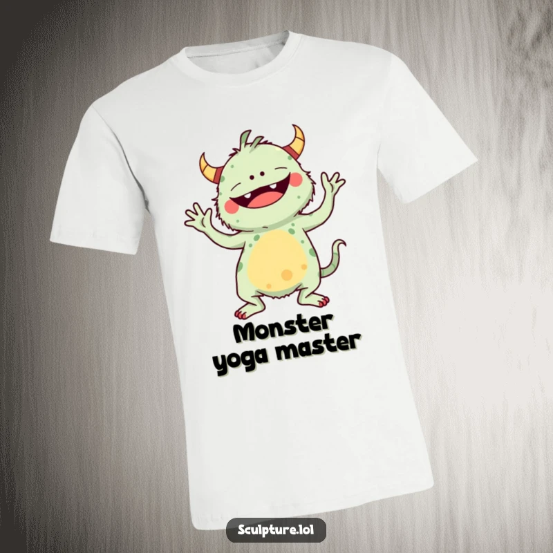 Funny t-shirt featuring a goofy monster attempting a comical yoga pose with great effort and awkwardness.