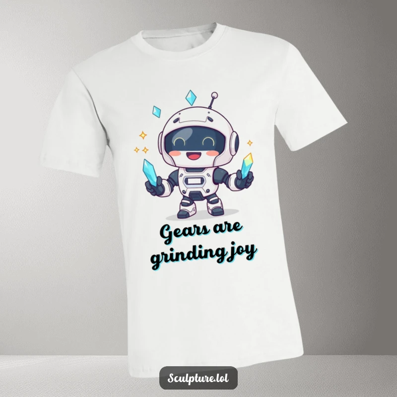 Funny robot in mid-juggle with three sparkling crystals, shown on a comfortable t-shirt.