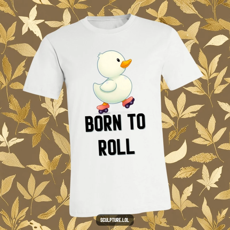 Funny bouncing rubber ducky wearing tiny roller skates on a t-shirt, ready for action.