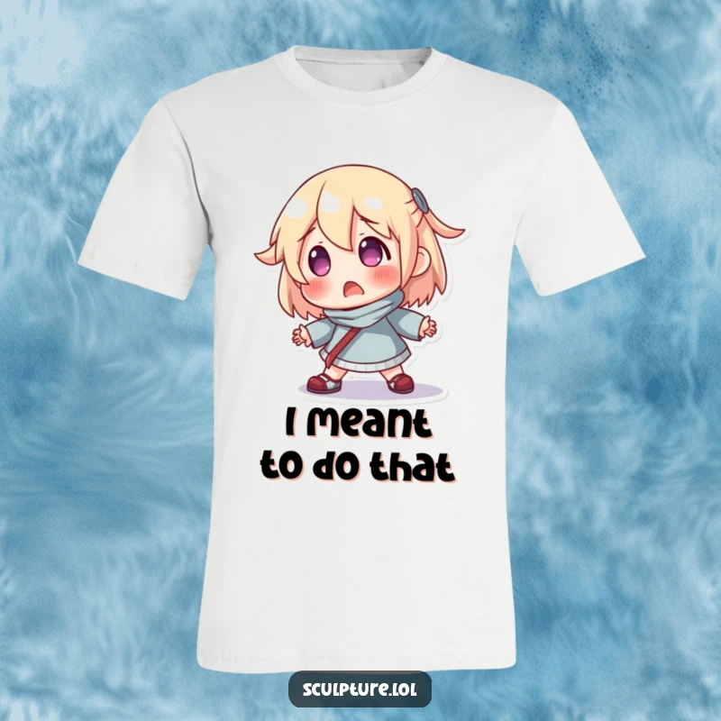 Funny t-shirt with a surprised resin character tumbling over, arms up in a comical display of shock and losing balance.