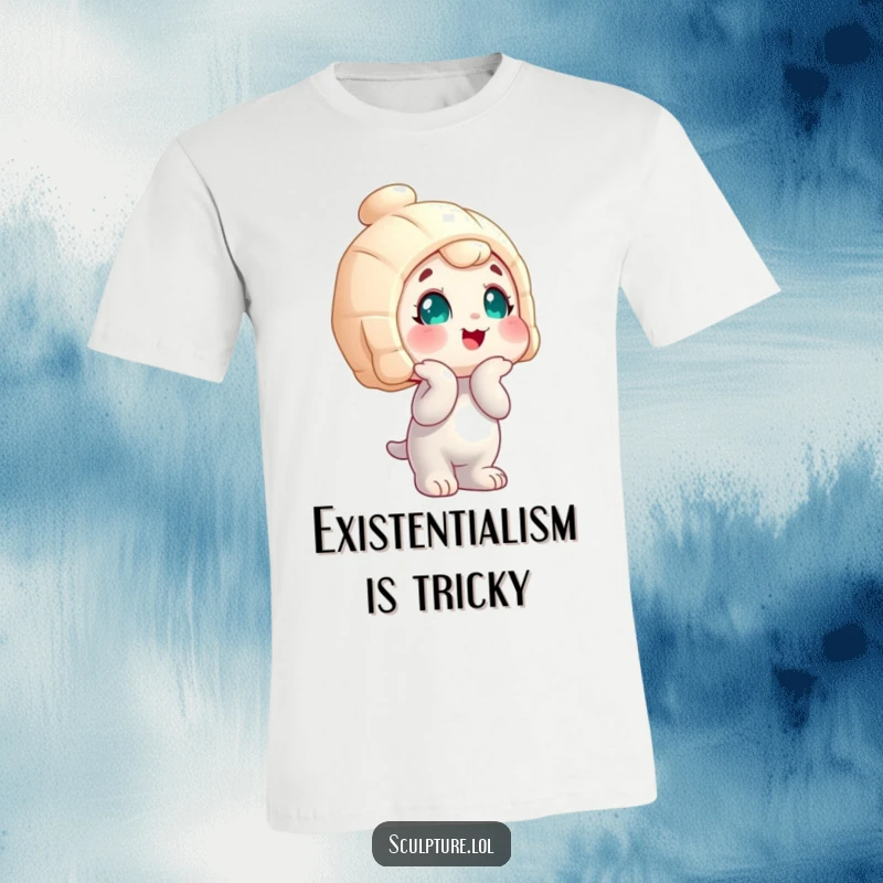 Funny wobbly statue character t-shirt with a head tilt and curious expression, ideal for humorous apparel and gifts.