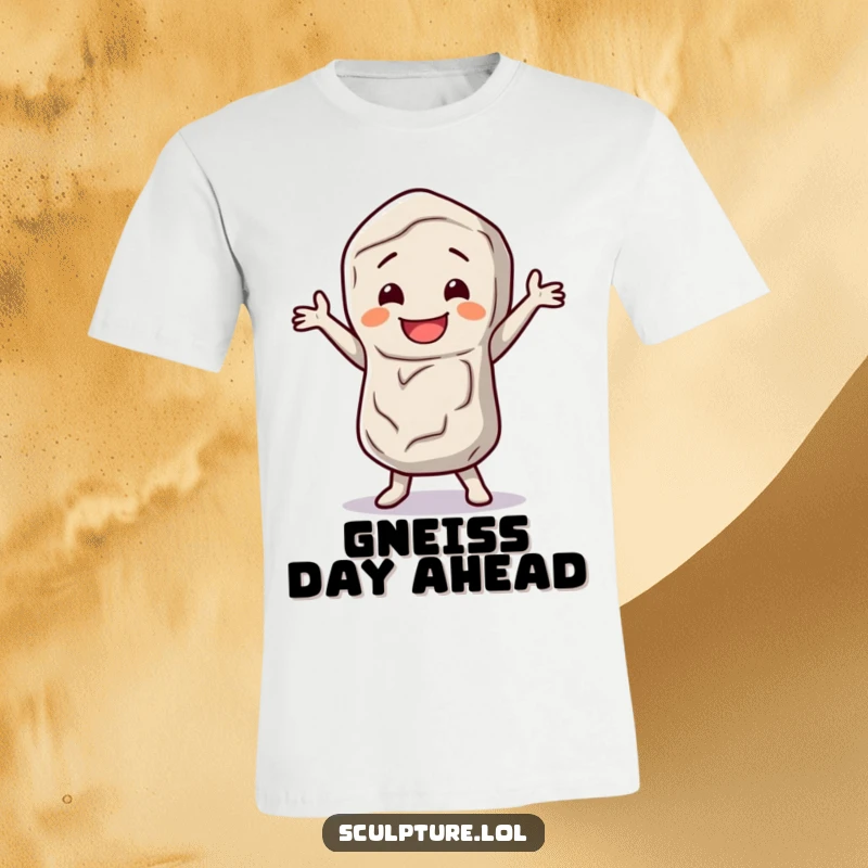 Funny stone figure t-shirt with a happy character doing a little dance jig, embodying quirky joy and movement.