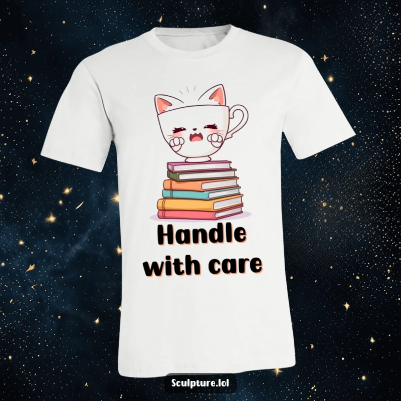 Funny t-shirt depicting a startled teacup with tiny paws, attempting to balance on a stack of books, conveying delightful chaos.