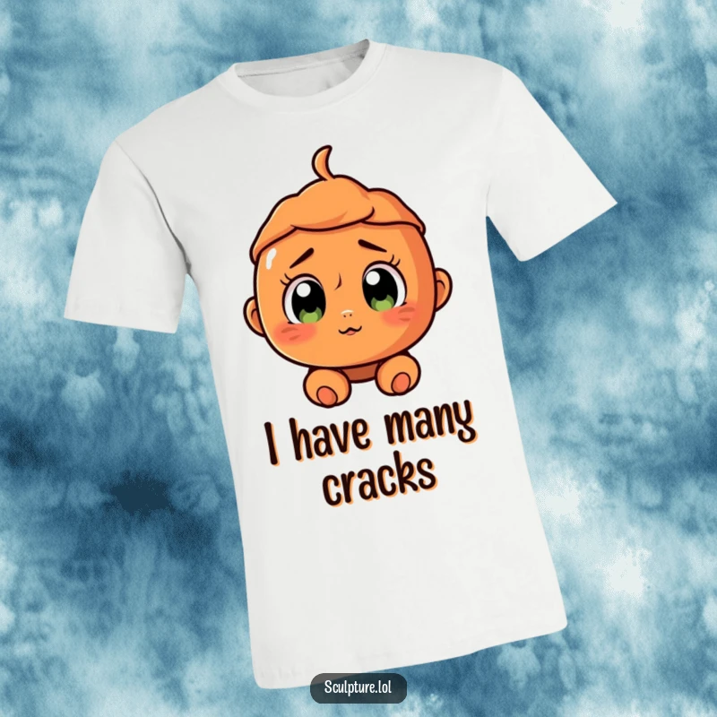 Funny surprised terracotta character t-shirt with a cracked smile and wide eyes, illustrating comical astonishment and personality.