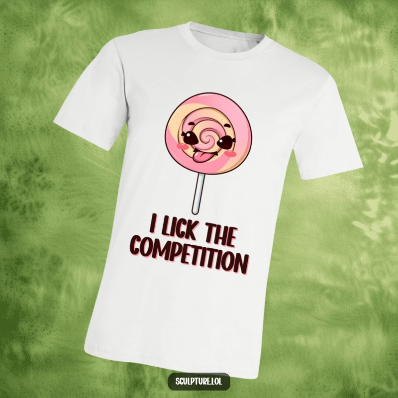 Funny t-shirt depicting a mischievous lollipop character in the act of comically sticking its tongue out, full of cheeky attitude.