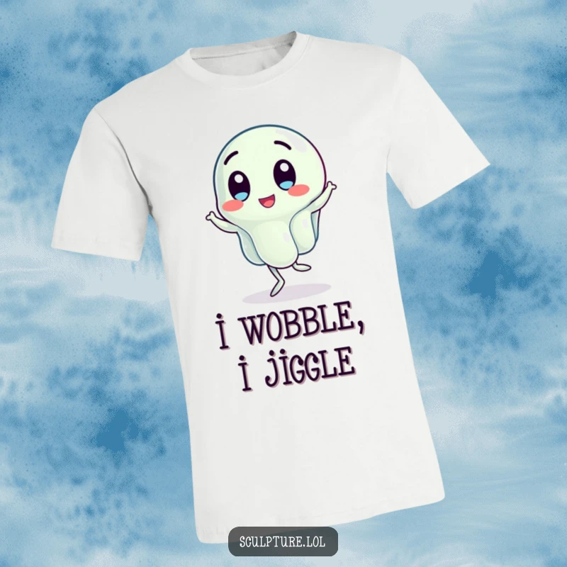 Funny t-shirt showing a wobbling jelly character doing a hilarious little jig, full of energy and comical movement.