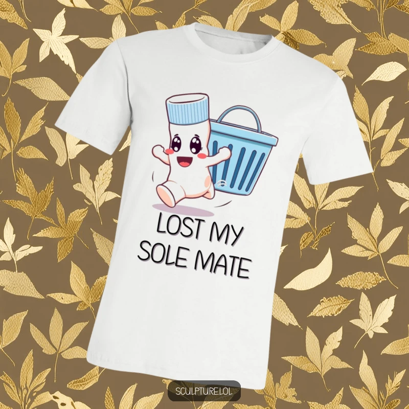 Funny t-shirt with a comically panicked sock fleeing a determined, yet friendly, laundry basket, illustrating a whimsical laundry day escape.