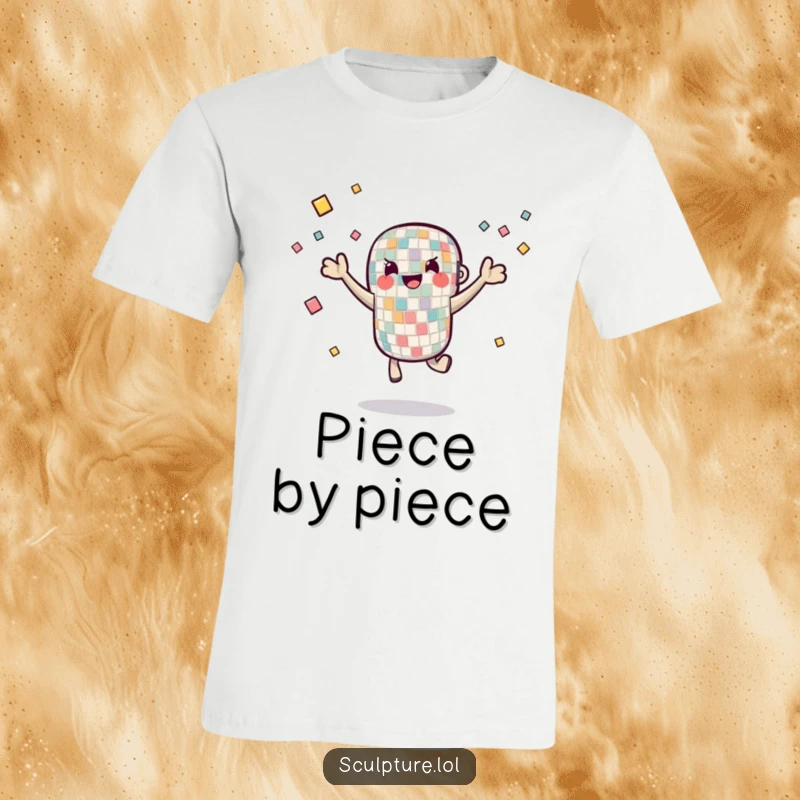 Funny T-Shirt showcasing a lively mosaic tile character expertly juggling small tile pieces, blending artistic skill with playful humor.