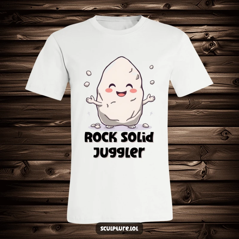 Funny t-shirt featuring a smiling rock character expertly juggling small pebbles, symbolizing stability and fun.