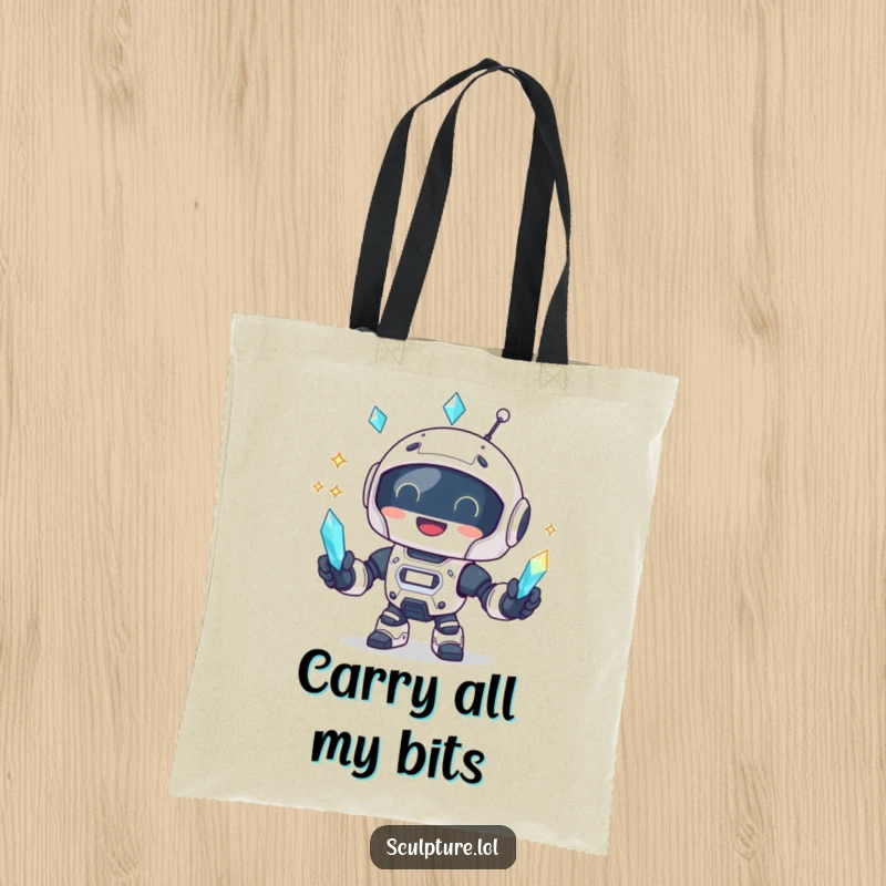Funny robot juggling sparkling crystals on a durable tote bag, perfect for shopping.