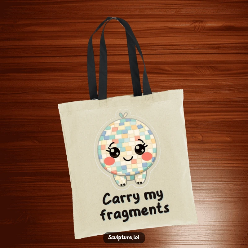 Funny tote bag designed with a curious mosaic character made of small, smiling tiles, conveying a sense of playful exploration and wonder.