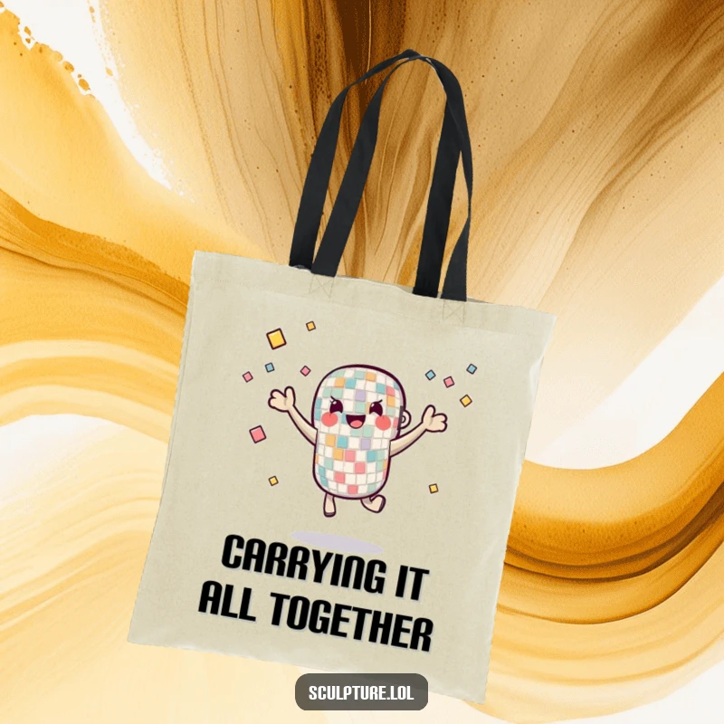 Funny Tote Bag with a mosaic tile character juggling small pieces, ideal for artists to carry supplies with artistic and humorous flair.