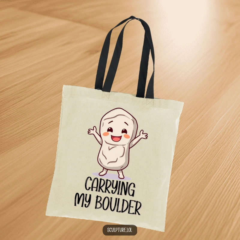 Funny stone figure tote bag showing a happy character doing a little dance jig, a humorous and practical accessory.