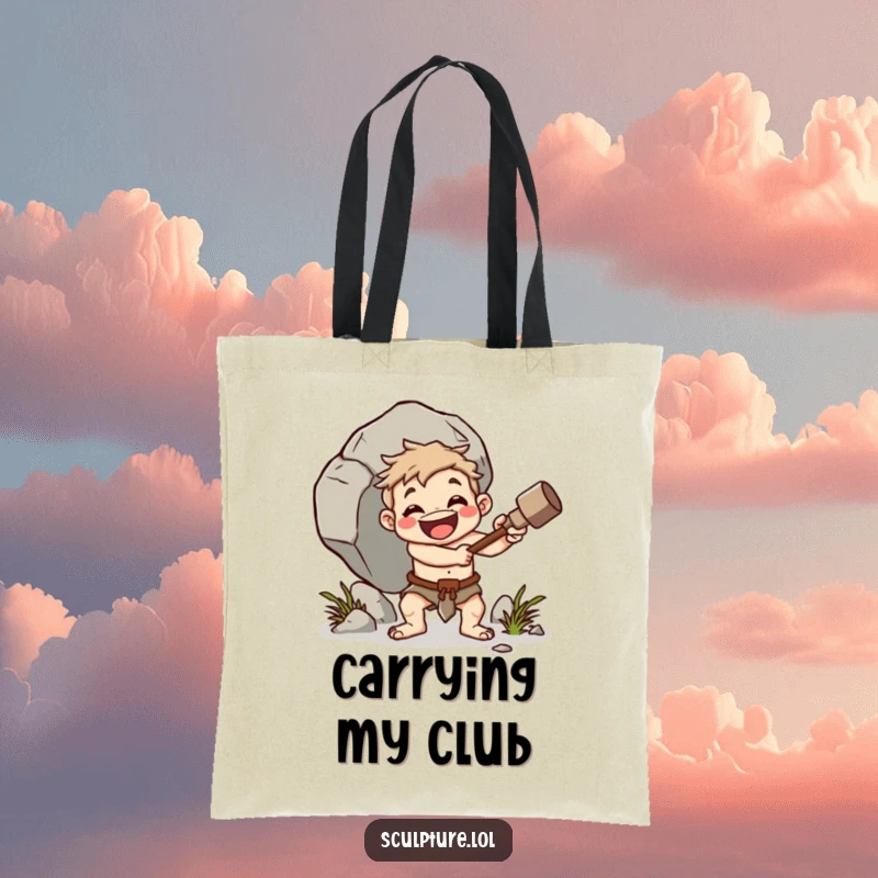 Funny caveman tote bag, cheerful character whacking boulder with club, primitive strength accessory, humorous tote bag, great funny gift.