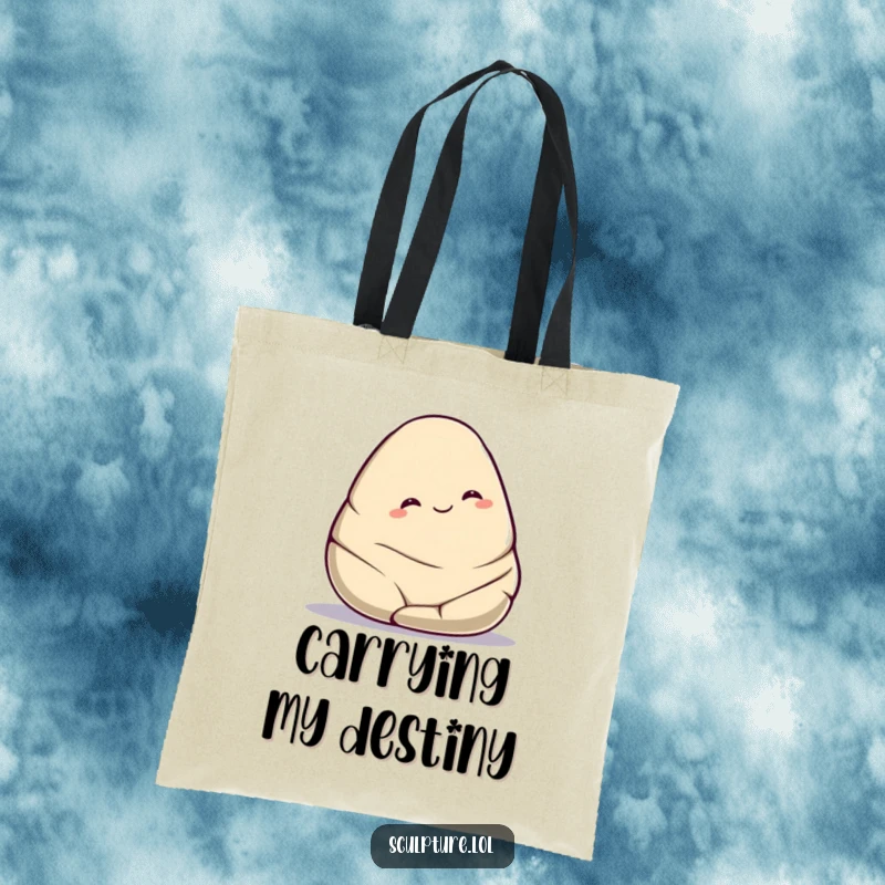 Funny smooth stone tote bag showing a cute character gently rolling downhill with a contented smile, perfect for carrying essentials with ease.