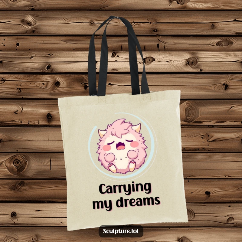 Funny sleepy fluffy monster yawning in a bubble, embodying ultimate relaxation. A humorous and practical tote bag.