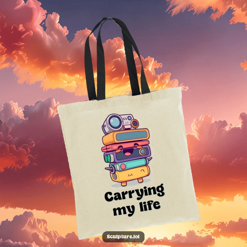 Funny tote bag featuring a stacked giggling found object character in a comical, eye-catching design.