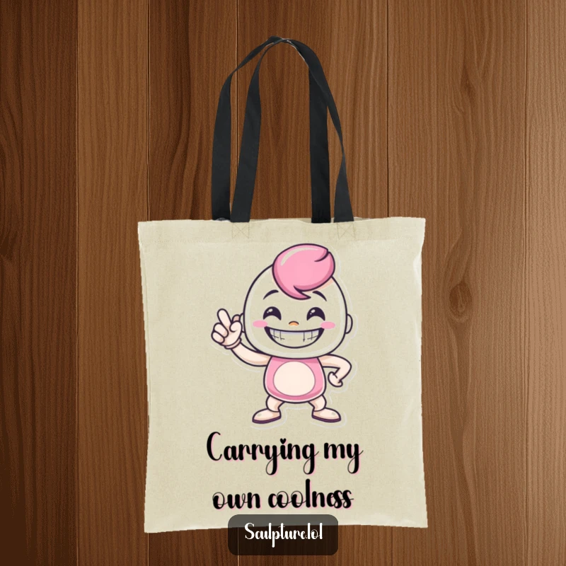 Funny metal casting tote bag showing a grinning character striking a proud pose, perfect for carrying essentials with humorous confidence.