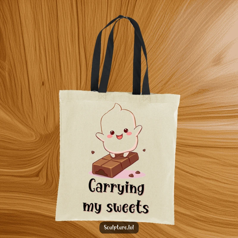 Funny fluffy marshmallow character tote bag bouncing with glee on a chocolate bar, sweet and practical accessory.