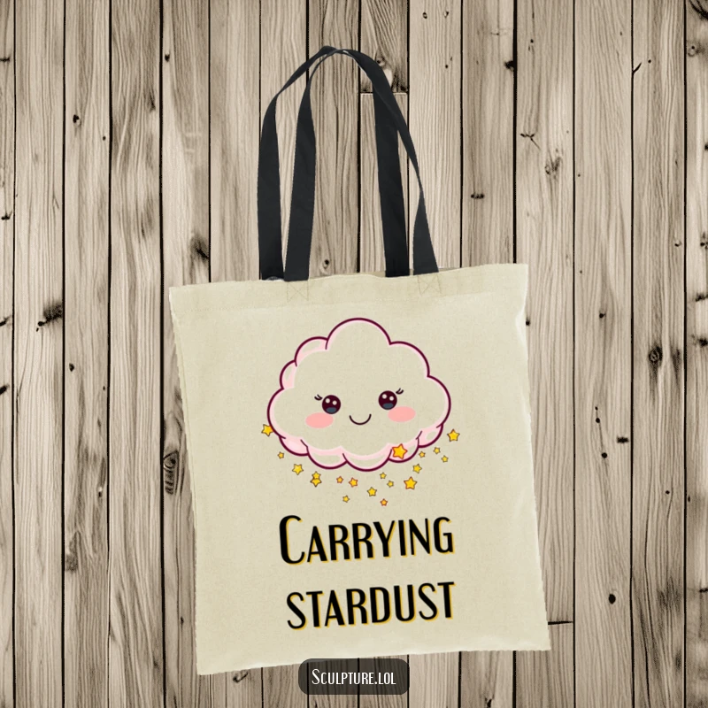 Funny tote bag with a cheerful cloud character raining tiny stars, great for carrying magical items.