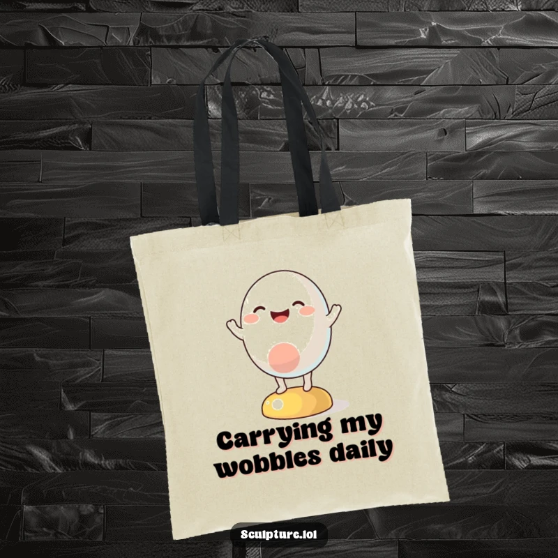 Funny tote bag depicting a vibrant abstract form character in a comical, happy wobble, perfect for errands and smiles.