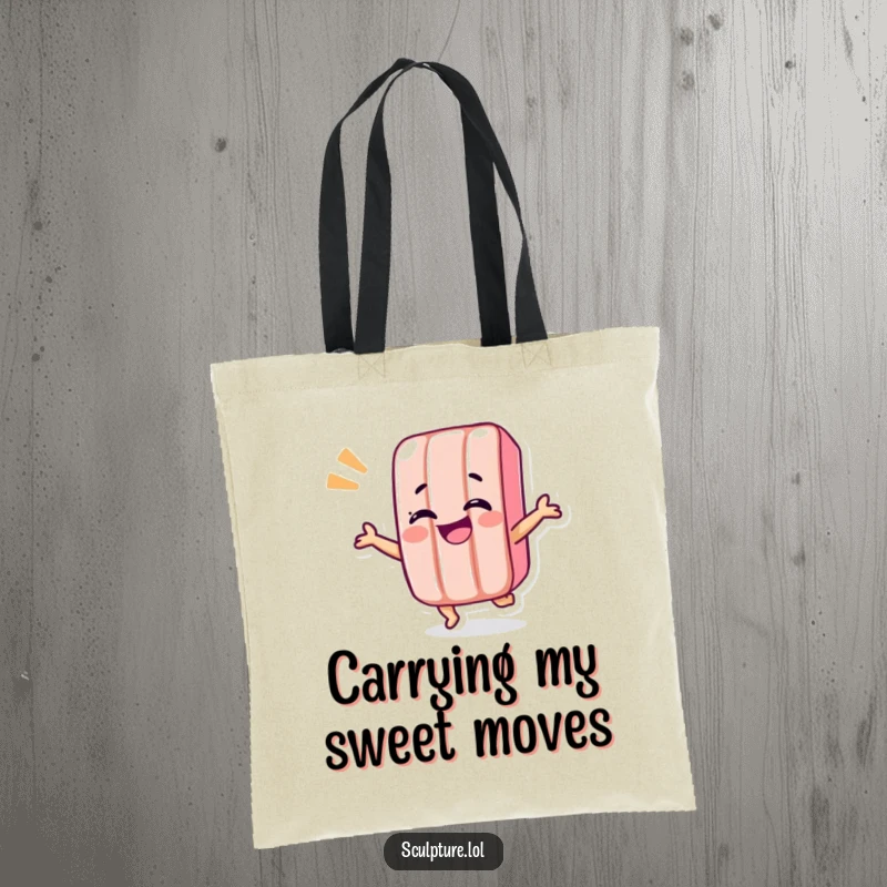 Funny candy bar tote bag with a giggling candy bar character doing a fun shimmy, perfect for carrying essentials with style.