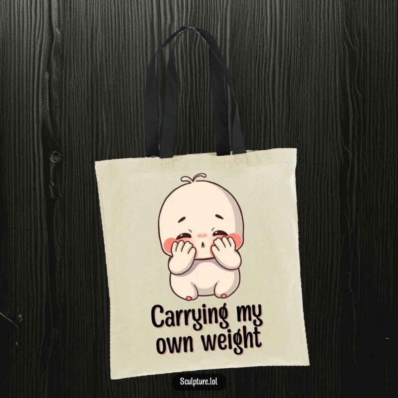 Funny chubby clay tote bag showing a cute character delightedly smushing its face with its hands, perfect for carrying essentials with humor.