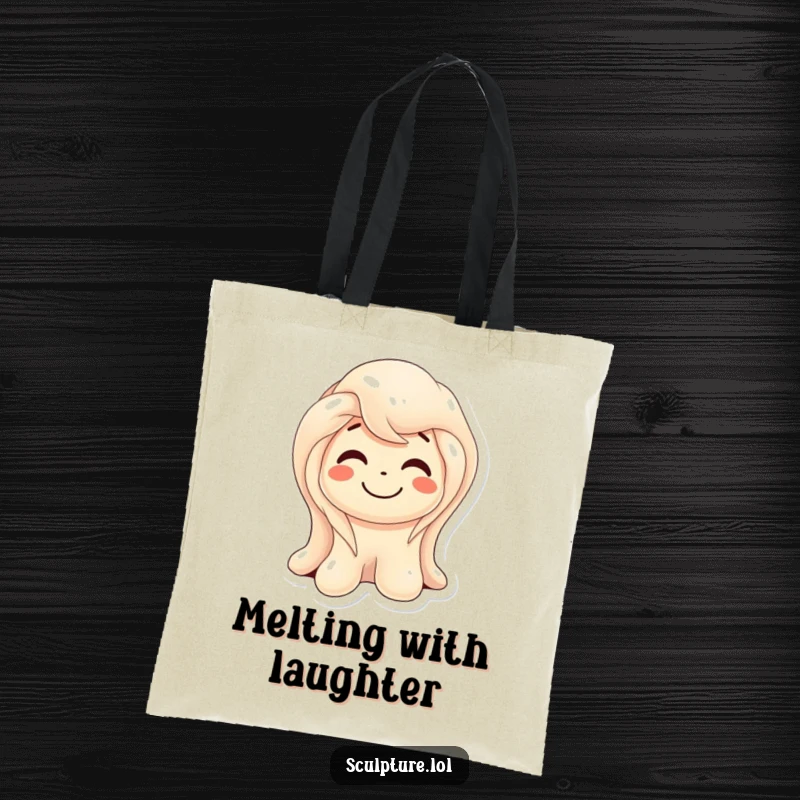 Funny melting wax sculpture tote bag depicting a character smiling while subtly melting, perfect for carrying essentials with humor.