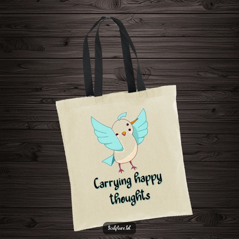 Funny playful origami bird unfolding with joy on a tote bag, a practical and cheerful accessory for carrying essentials.