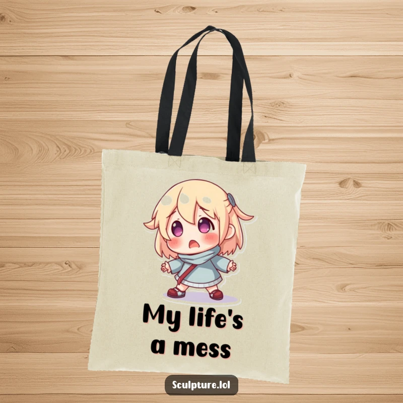 Funny tote bag illustrating a surprised resin character hilariously losing its balance, ideal for shopping and laughter.