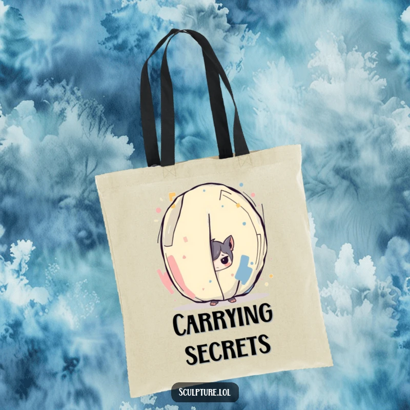 Funny tote bag featuring a mischievous character peeking out from behind a large, striking abstract art piece, perfect for carrying essentials with humor.