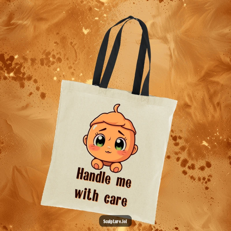 Funny surprised terracotta character tote bag with a cracked smile and wide eyes, perfect for carrying everyday items with humor.