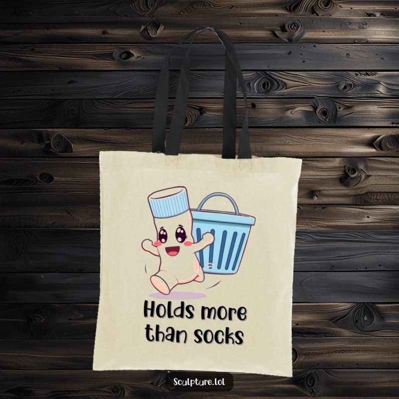 Funny tote bag illustration of a sock in full sprint from a friendly laundry basket, a humorous take on everyday chores.