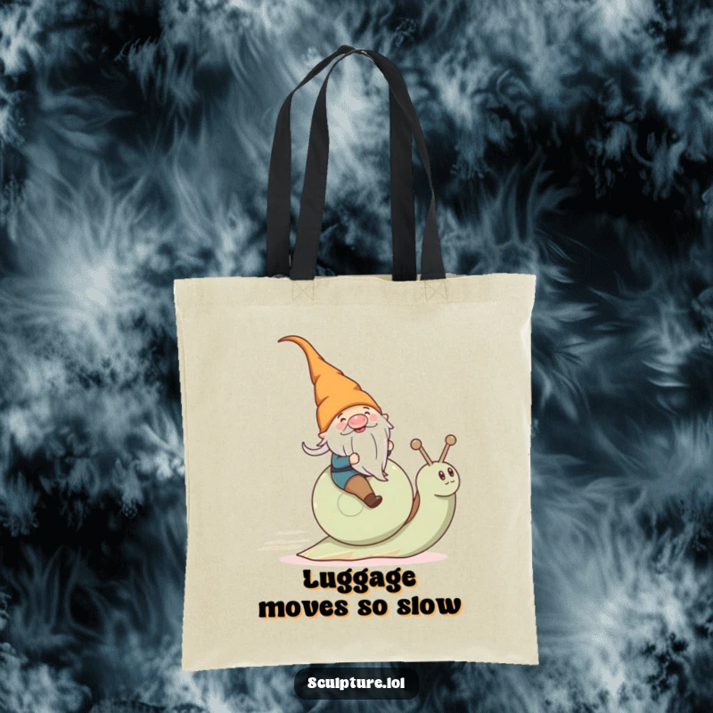 Funny gnome on a fast snail, printed on a durable tote bag, perfect for shopping errands.