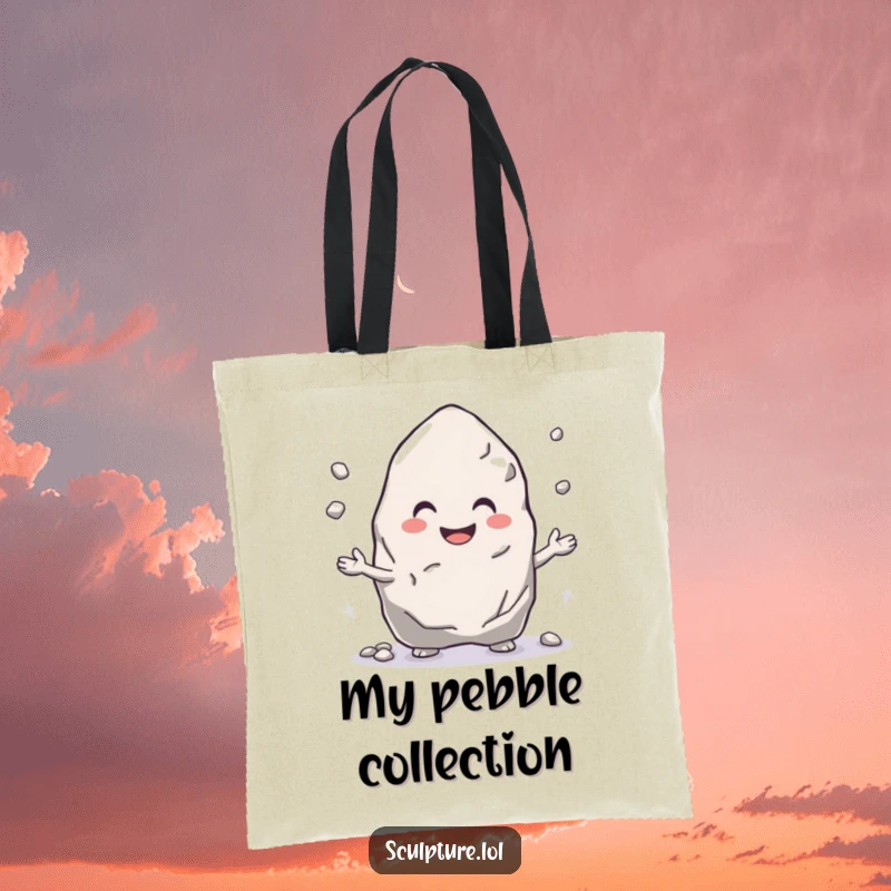 Funny tote bag showcasing a happy rock character juggling small pebbles, a cheerful and practical accessory.